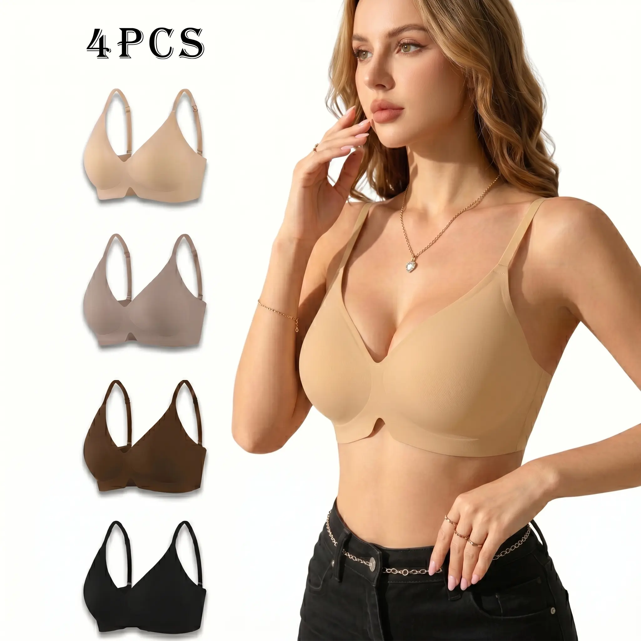 Women's 4-Pack Mix Colors Basic Minimalist Seamless Jelly Bralette - Wireless, Breathe, Buttery-Soft, Colored, Lift-Up Multi-Pack Everyday Bra, Breathe Everyday Bras, Buttery-Soft Everyday Bras