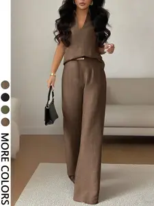 Women's Fashion Casual Versatile V Neck Sleeveless Top with Loose Straight Leg Pants Set, 2 Piece for Daily Wear