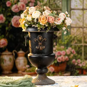 Rustic Vintage Metal Urn Vase – Retro Flower Planter for Table Decor & Flower Arrangements