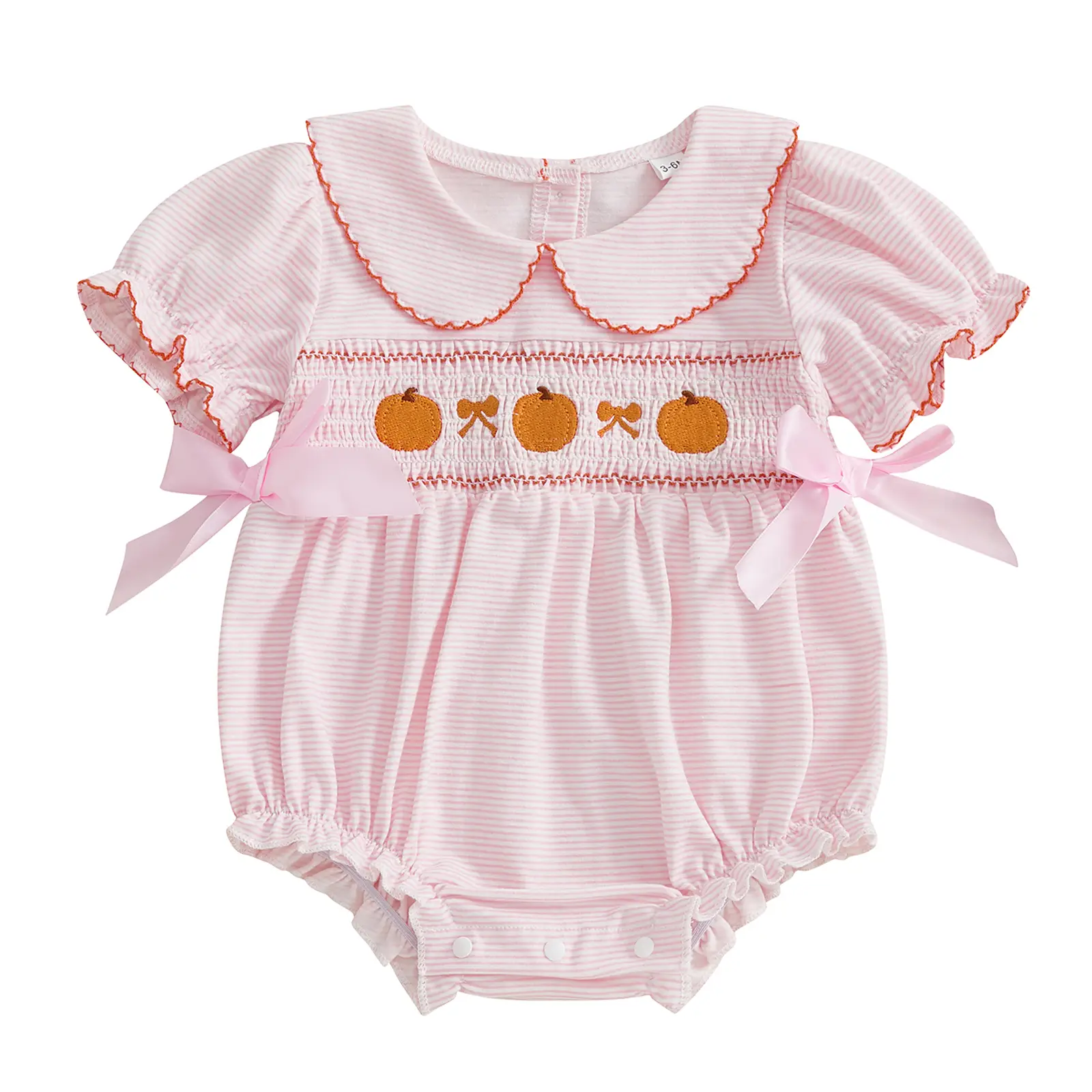 My First Halloween Outfit Baby Girl Pumpkin Embroidery Smocked Bows Romper Stripes Peter Pan Collar Onesie Bodysuit Jumpsuit