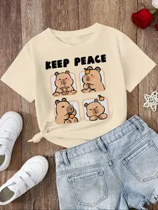 Girl's Cartoon Capybara Print Round Neck Tee, Cute Casual Short Sleeve T-Shirt for Summer, Kids Clothes for Daily Wear