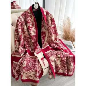 Women's Boho Style Plants Print Double Sided Shawl, Casual Trendy Floral Embroidered Scarf for Fall & Winter, Fashion Accessories for Daily Wear