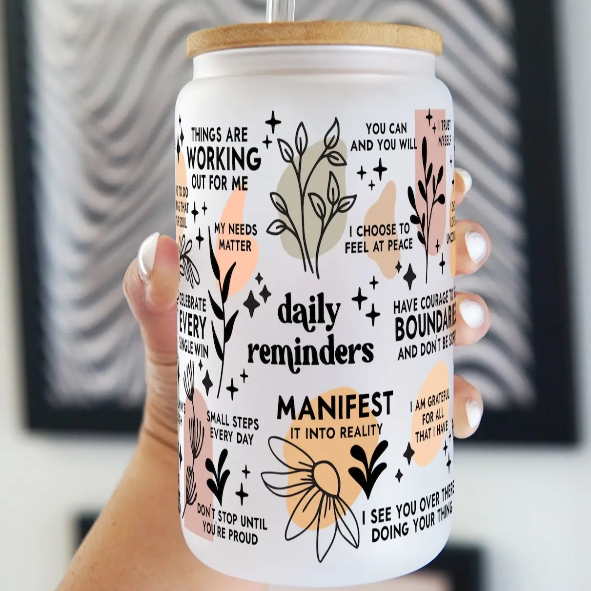 Sip-Sip Hooray! Daily Reminders 16oz Glass Can Cup with Lid & Straw – Mental Health Gifts, Positive Affirmations, Reusable Drinkware for Her Mug Water