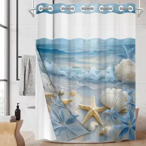1PC 2D Flat Double Layer Shower Curtain, Coastal Beach Style Decor, Clear Top Window & Detachable Snap-In Liner, Starfish Seashell Wave Print, Waterproof & Mildew Resistant, Thick & Washable Bathroom Curtain (No Hooks Included)