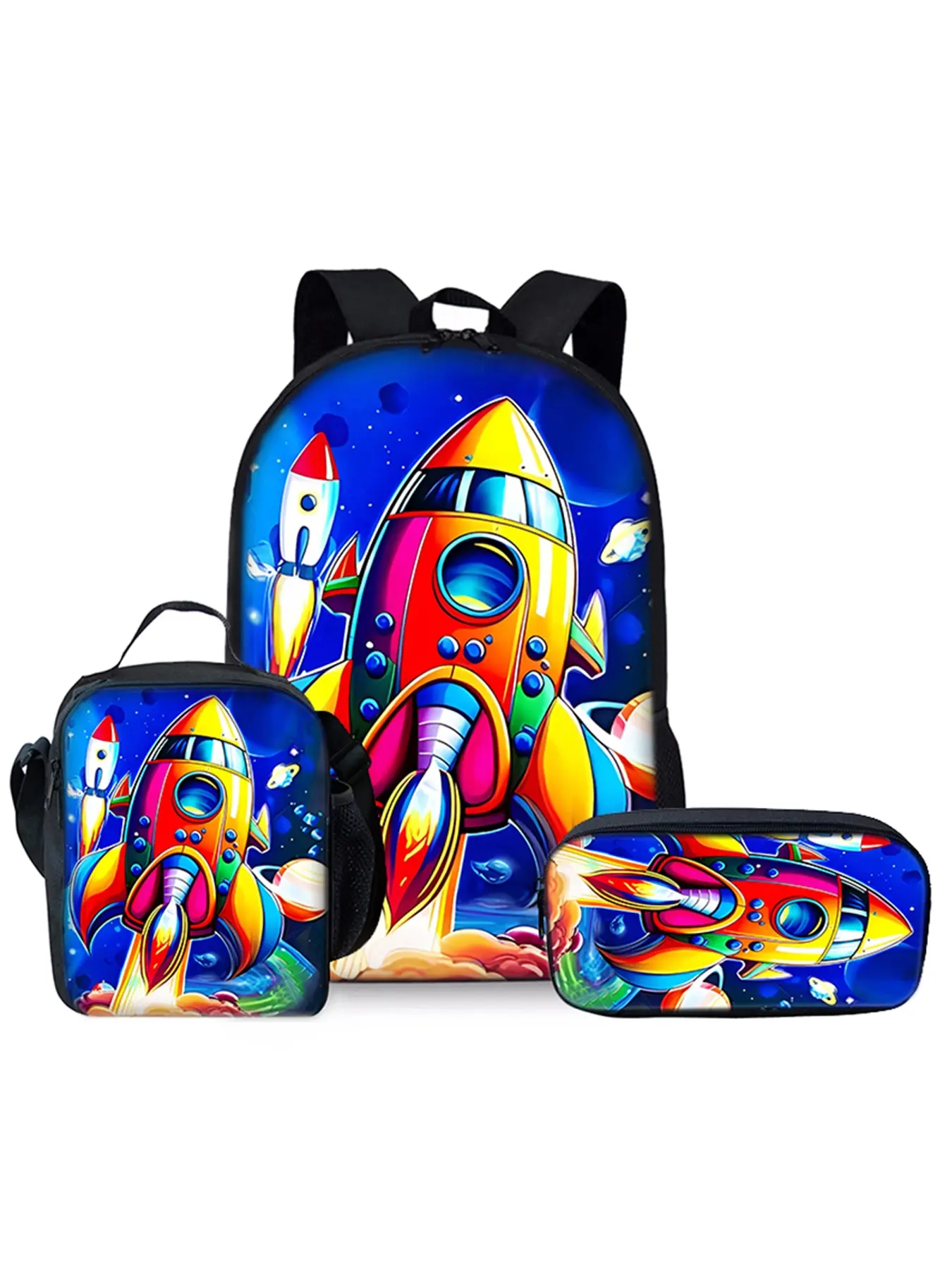 Rocket pattern printed 17-inch backpack three-piece set (single-layer backpack + shoulder strap lunch bag + single-layer pencil bag)