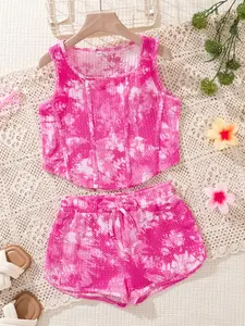 Tween Girls Tie Dye Fashion Sleeveless Shorts Set, Summer Beachwear, Casual Fitted H-Type Shorts, Perfect for Sea and Sand, Gift Set