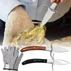 Set of 2 Sturdy Sharpness Oyster Knife With Comfort Wood-handle, shucking Kit With 1 Pairs Of Level 5 Protection Cut-resistant Gloves(L), Oyster shucking Knife