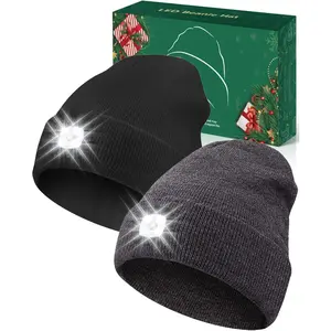 Unisex Beanie with Light, USB Rechargeable LED Headlamp Hat, Christmas Stocking Stuffers Gifts Warm Knitted Cap for Men Women Dad Mom Black&Gray