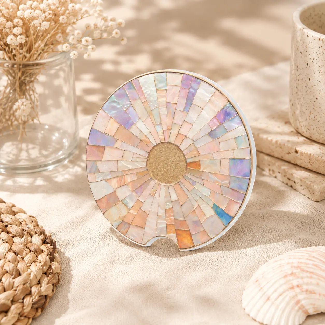 Iridescent Mother of Pearl Mosaic Coaster, Handmade Shell Inlay Drink Coaster, Pastel Sunburst Table Decor, Coastal Boho Home Gift