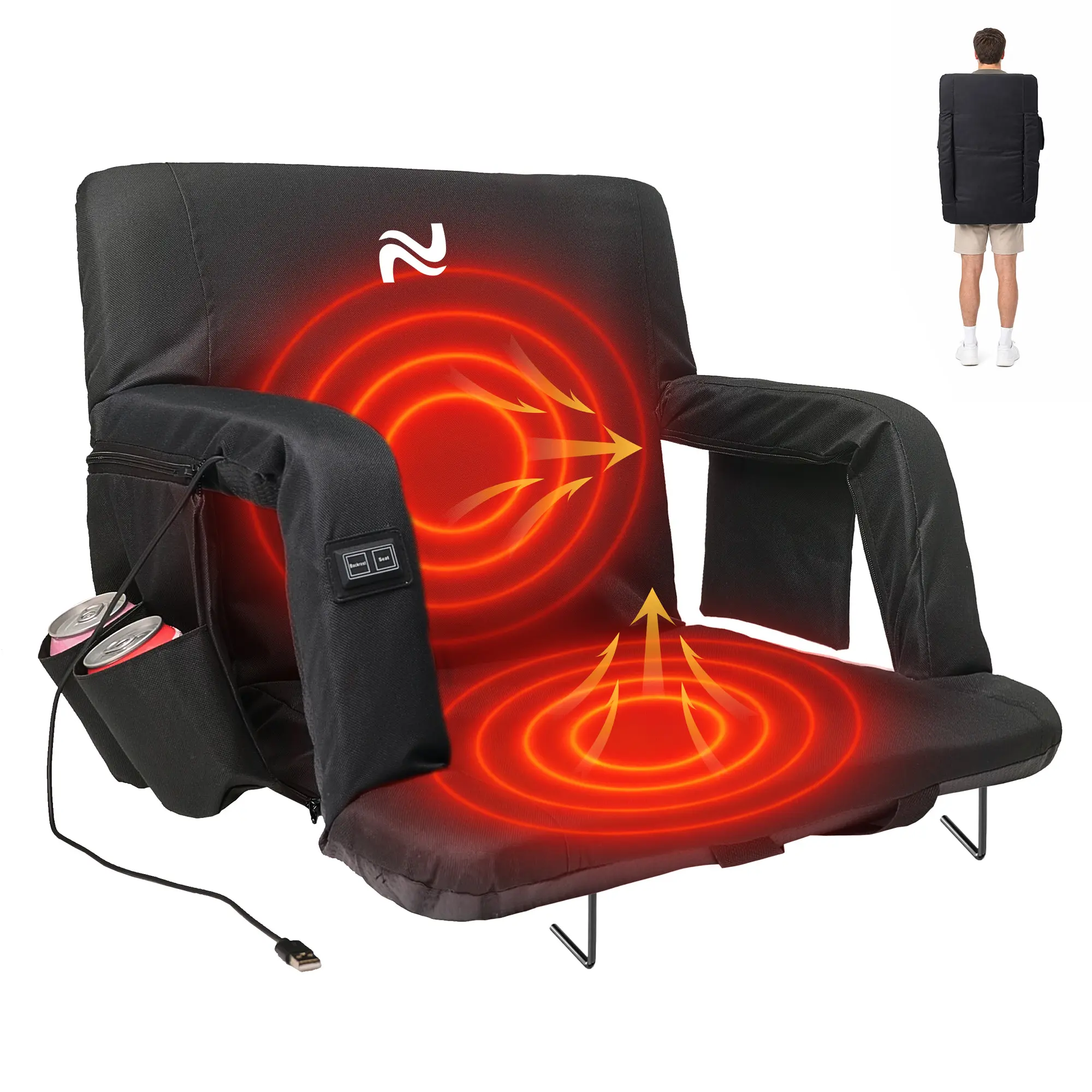 ABORON Heated Stadium Seat Bleacher Seat with Back & Arm Support, Portable 6 Reclinng Positions Stadium Seating for Bleachers, Bleacher Seats for Sports Events