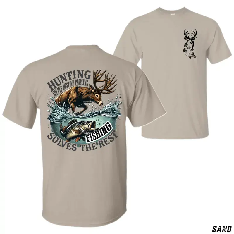 Men's Shortsleeve Hunting & Fishing Graphic T-Shirt - Unisex Garment-Dyed Menswear Top, Deer Bass Streetwear Casual Apparel, Hunter Gift, Quality Fabric Tee, Tshirt, Soft, Stylish, Fashion Apparel, Clothes, Graphic Print, Unisex Fit, Deer Logo, Hand Wash,