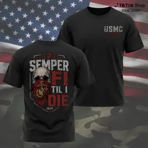 USMC Marine Corps Graphic T-Shirt, Patriotic Military Veteran Tee, Black Short Sleeve Shirt With Front Chest Print, American Flag Style Gift For Marines, Veterans & Proud Supporters