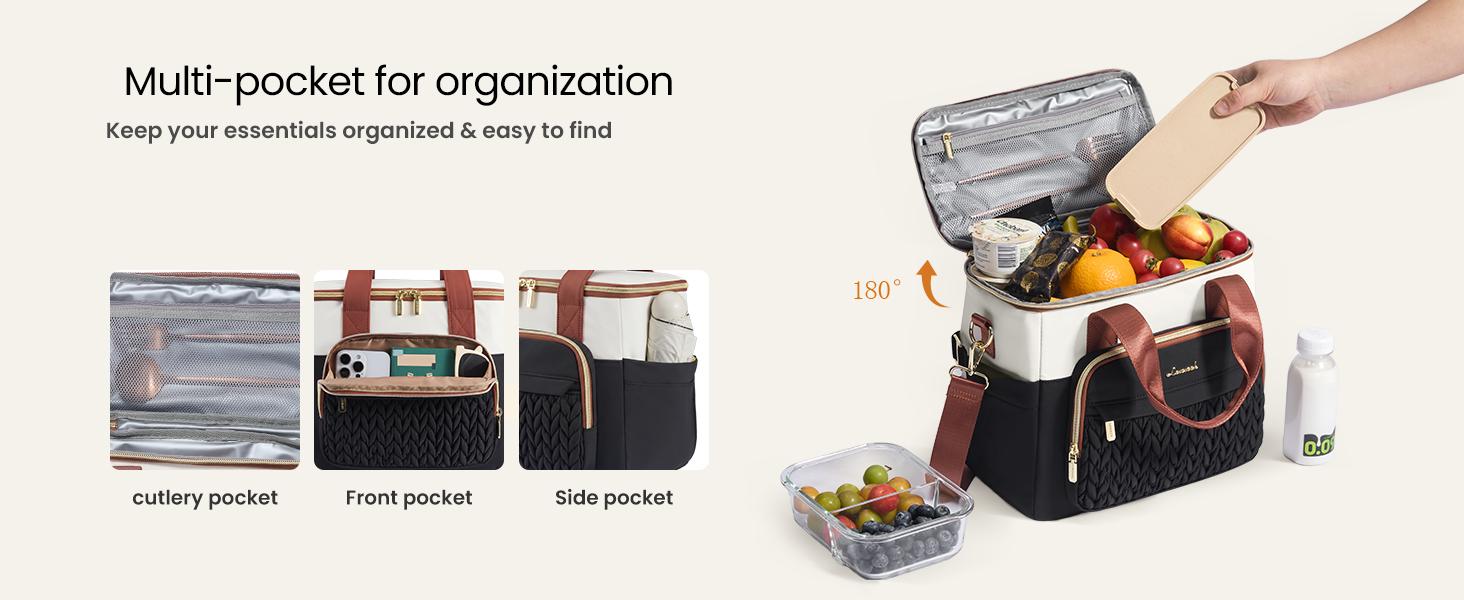 LOVEVOOK Lunch Bag Women, Insulated Wide Opening Adult Lunch Box for Women Work with Cup Holder, Large Lunch Cooler Tote Bag with Utensils Pocket for Office Campus Picnic Beach Mom Nurse Family