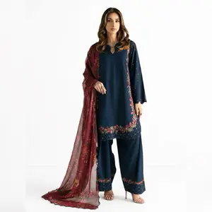 Farsi Salwar for Indian Pakistani Ladies Navy Blue with Floral Embroidery and Red Trim Traditional Outfit Women's Casual Wear - Womenswear