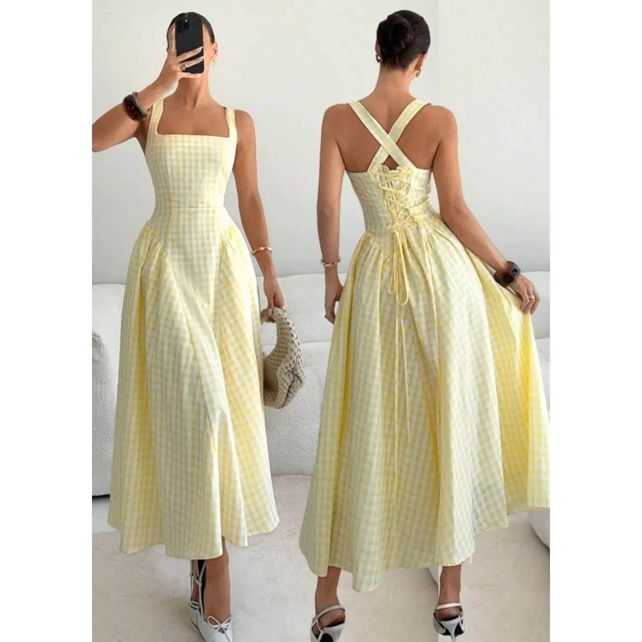Women's Gingham Plaid Midi Dress, Square Neck Crisscross Back Sundress, Elegant Picnic Tea Party Beach Vacation Dress, Summer Flowy A-Line Dress