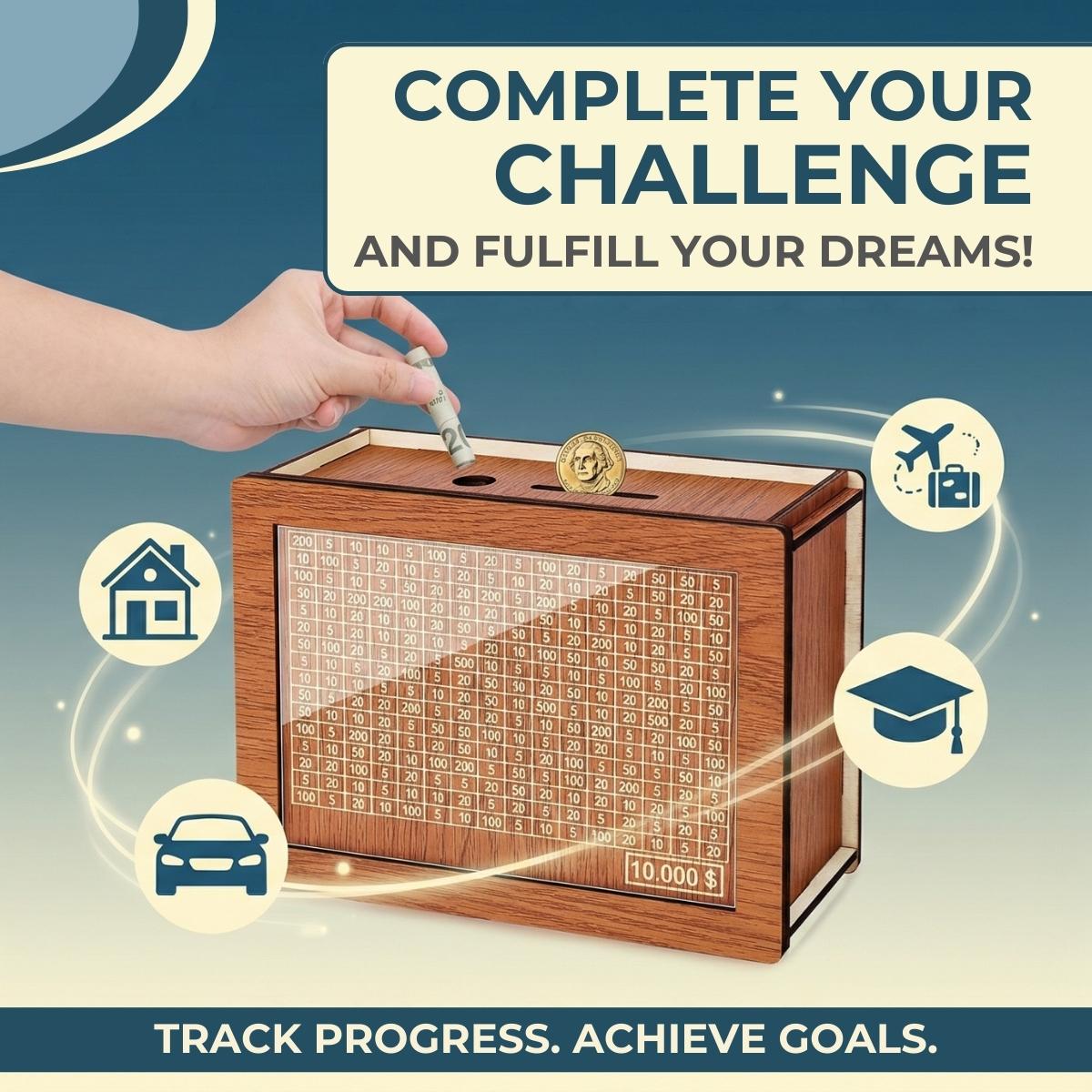 Wooden Cash Money Saving Box for Kids & Adults - Reusable $10,000 Savings Challenge Box with Progress Tracker & Cash Vault, Educational Piggy Bank Gift for Boys Girls