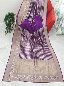All-Over Peacock Butta Munga Crepe Silk Saree with Horse Woven Border | Purple | Stitched Blouse