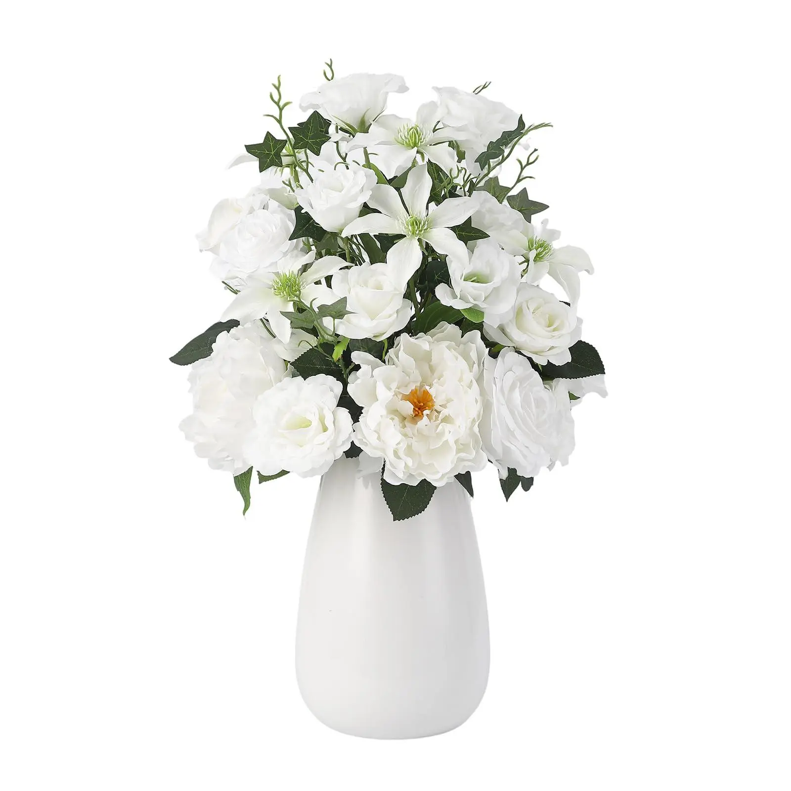 Garvee Realistic Artificial White Rose Floral Bouquet in Ceramic Vase - Bendable Stems, Everlasting Decor Centerpiece - Home, Office Wedding Gift (Home Supplies Decorative Flowers), Realistic Artificial Flowers