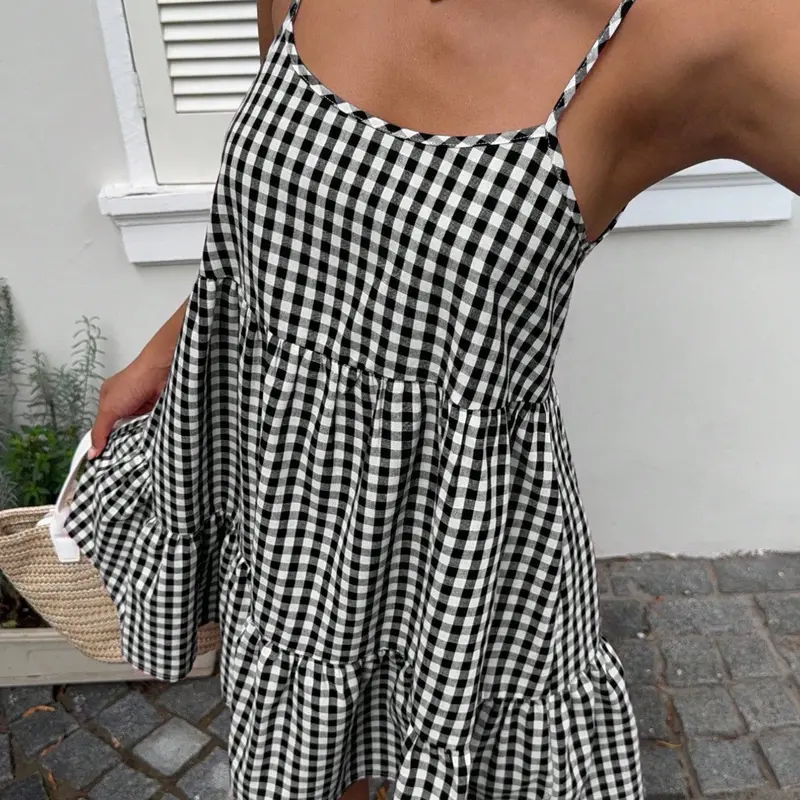 Elegant Summer Dress for Women, Plaid Ruffle Trim Cami Dress, Casual Chic for Daily Wear, Perfect for Warm Weather, Beach Style Dress