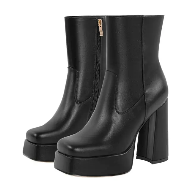 Women's Chunky Platform Ankle Boots with Round Toe, Matte Finish Block Heel Footwear, Statement Shoes for Festival Wear, Walking Shoes, Party, Alternative Style, Rock Style, Chunky Sole, Plain, Mid-Calf, Modern Texture, Versatile Color Options, Zip