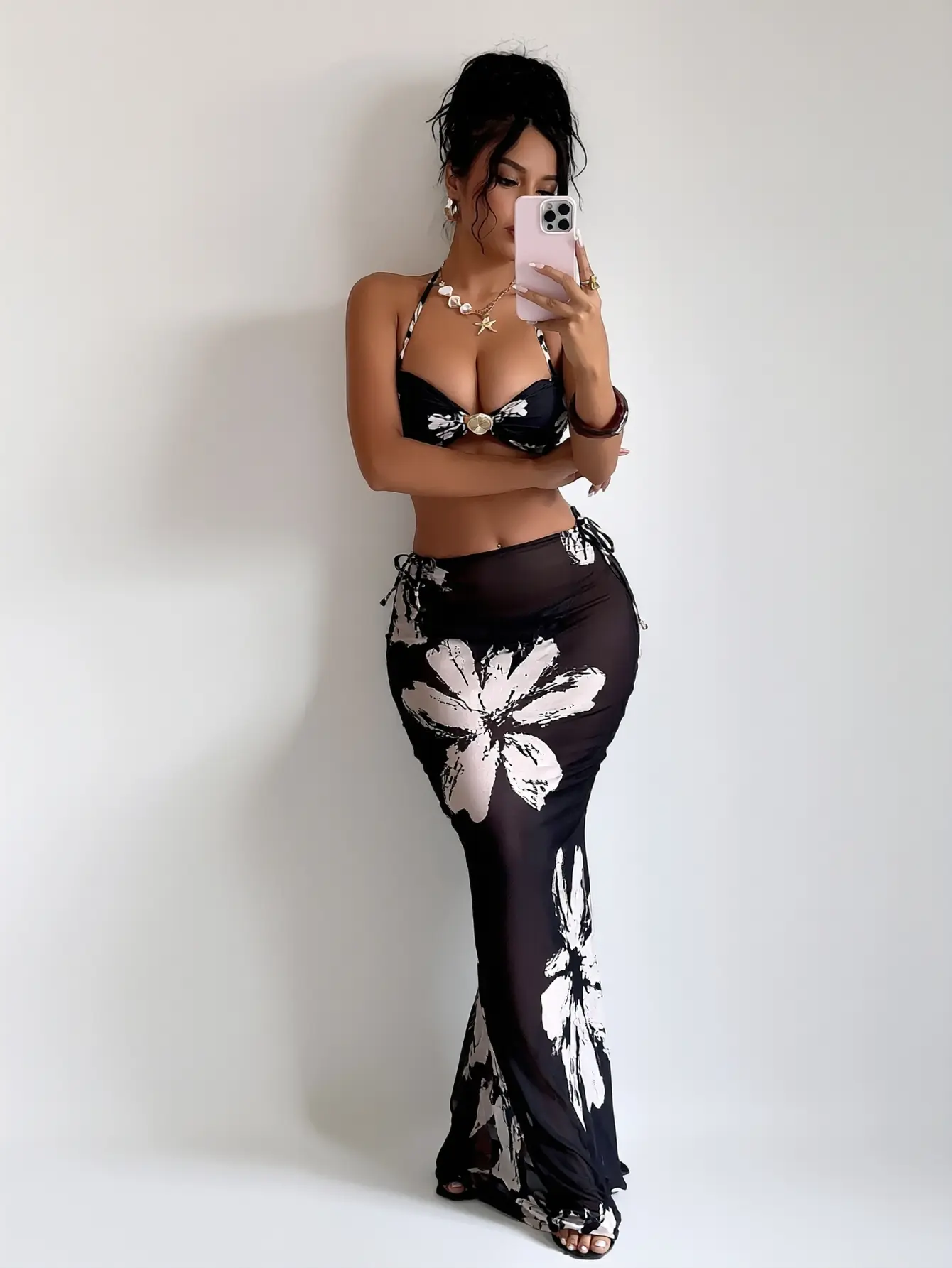 Women's 3-Piece Beachwear Swimsuit - Chic Floral Print Halter Bikini with Gold Buckle, Sheer Mesh Mermaid Maxi Cover-Up Skirt for Vacation, Three Piece Swimsuits