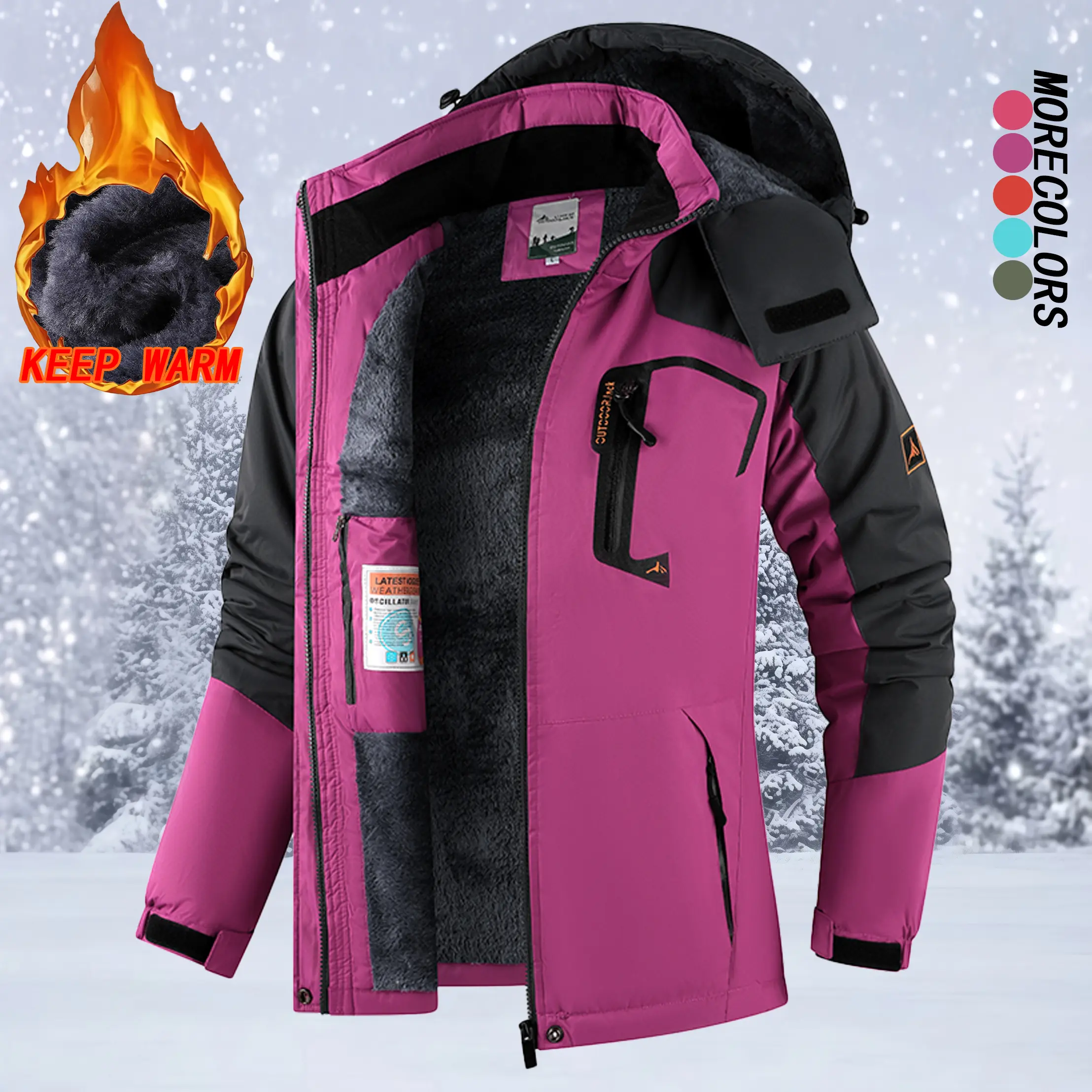 Women’s Winter Ski Jacket – Hooded Windproof Design with Multiple Pockets, Thick Fleece Lining for Warmth – Ideal for Outdoor Sports like Skiing, Snowboarding, Hiking & Camping, Everyday Casual Wear