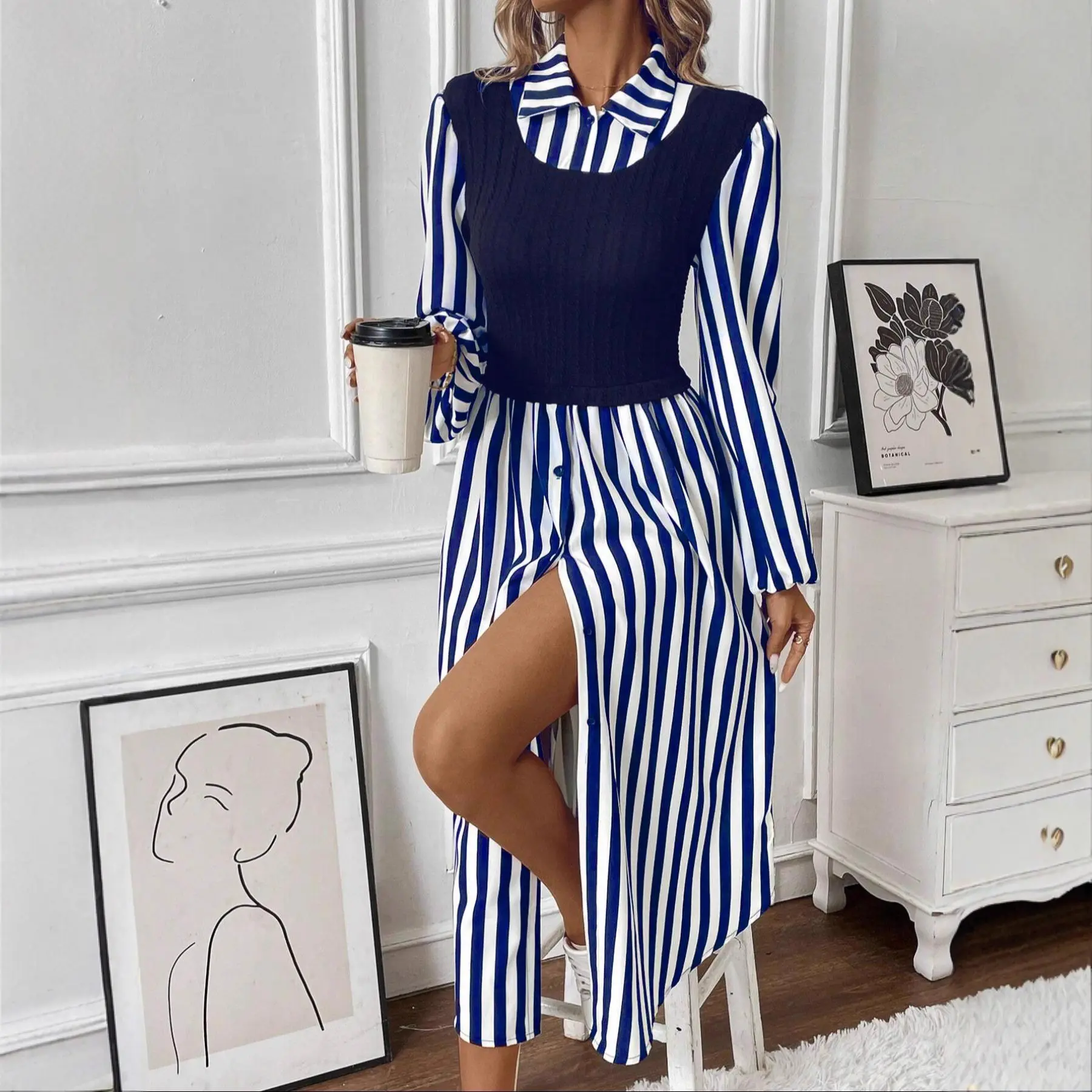 Striped Layered Button Front Dress is a and luxurious dress with a slimming waistline, designed to give a slender appearance, and features a faux two-piece design for women