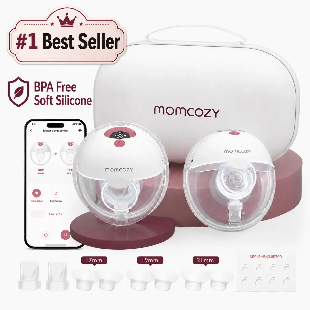 Momcozy  Breast Pump Hands Free M5 Smart APP & Non-APP Version, Wearable Breast Pump of Baby Mouth Double-Sealed Flange with 3 Modes & 9 Levels, Electric Breast Pump Portable - 24mm,A