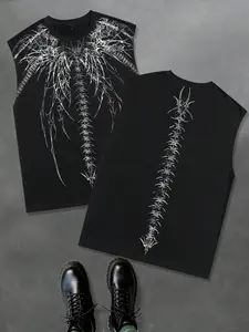 Men's Gothic Style Fitted Vest Tee, Winged Spine Death Metal Vest, Dark Streetwear, Front Winged Spine Pattern, Back Spine Design, Sleeveless, Menswear