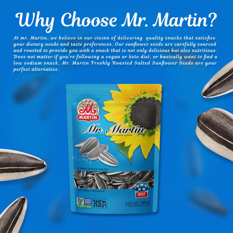 MR. MARTIN Freshly Roasted Salted Sunflower Seeds – Non-GMO, Crunchy, Delicious, Vegan, Eco Friendly, Low Sodium Snack, Pack  of 6