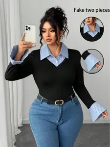 Plus Size Striped Shirt Long Sleeve Fitted T-Shirt, Womenswear