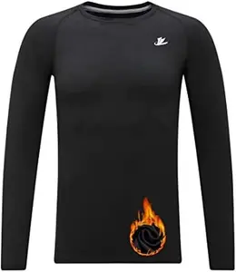 DEVOROPA Youth Boys Compression Thermal Shirt Long Sleeve Fleece Baselayer Soccer Baseball Undershirt with Fire Logo Design for Active Sports