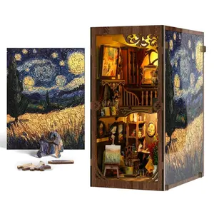 Starry Night Village Cabin DIY Country Style Wooden Book Nook Kit, Wood Design, 3D Wooden Puzzle, DIY Model Kit, 3D Desktop Decoration Ornament, DIY Model Kit for Bookshelf Decoration, Craft