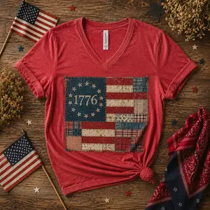Distressed Faux Patchwork 1776 USA Flag Shirt V-Neck Tee, atriotic Tee with USA Flag, We The People Shirt, Retro Independence Day