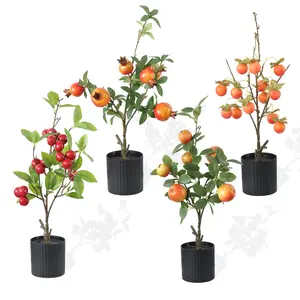 4-piece set Artificial Fruit Plants with black Flowerpots, Cherry, Apple, Pomegranate, Persimmon, Realistic & Cute Decoration for Indoor and Outdoor