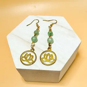 Handcrafted by Rita Green Aventurine Faceted Beads Earrings with gold Lotus charm