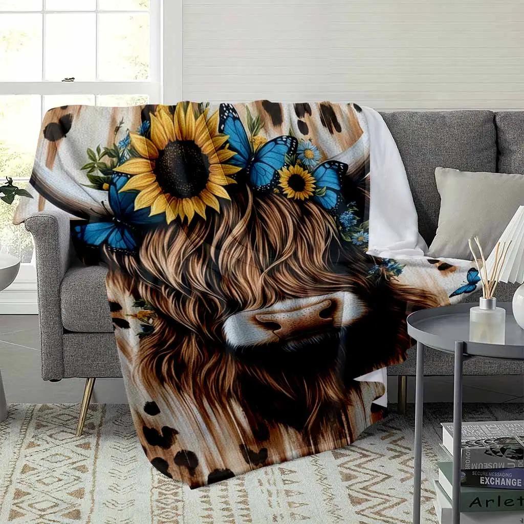 Highland Cow Flannel Blanket - Sunflower, Blue Butterfly, Leopard Print - Soft Lightweight, Wrinkle Resistant, Cozy Plush Warm Floral Decor Throw for Sofa, Home Office, Gift, Soft Lightweight Blanket, Sunflower Daisy Blanket