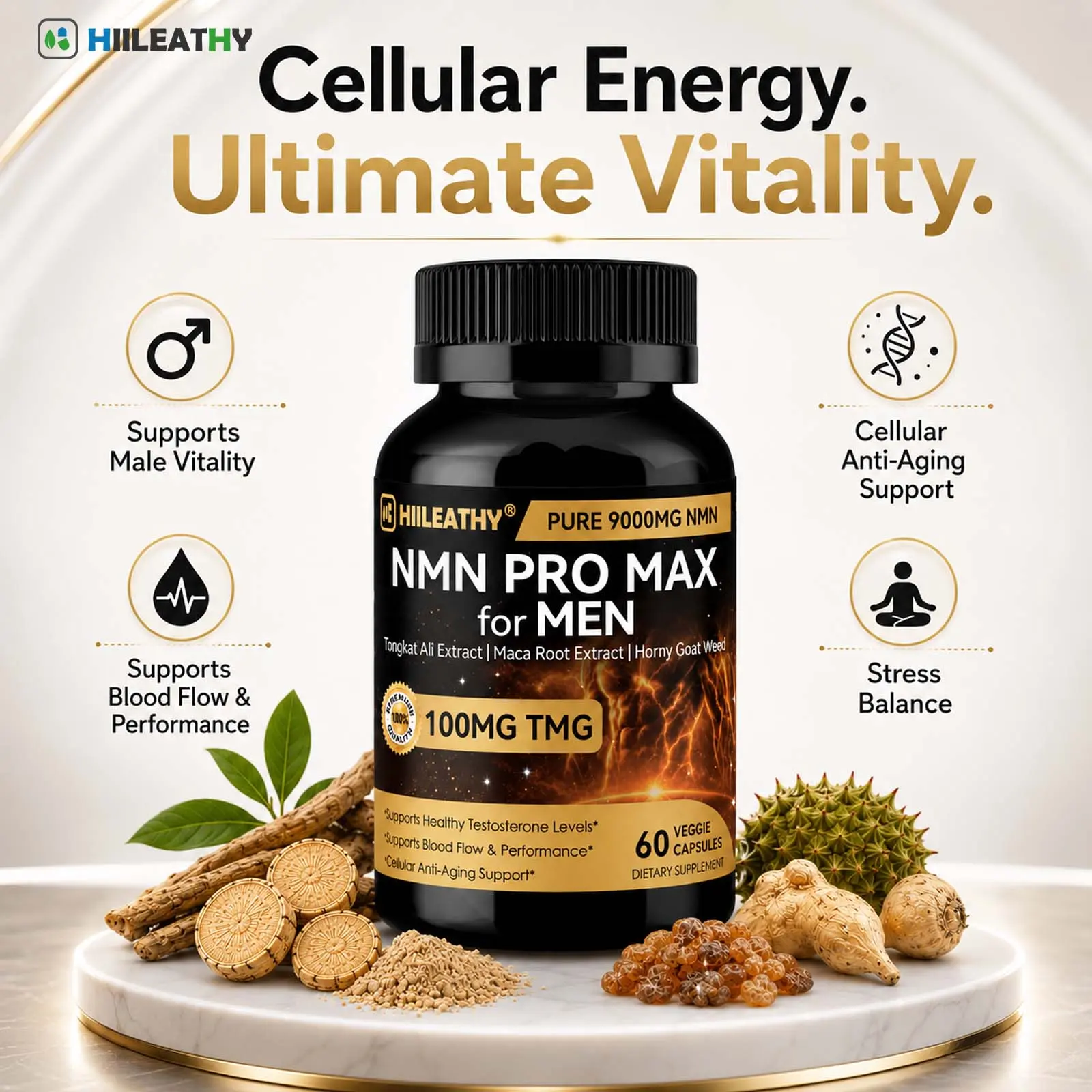 HIILEATHY NMN Pro Max Healthcare Dietary Supplement with NMN, TMG, Zinc, Quercetin, Energy Metabolism Support, Antioxidant Support, 60 Veggie Capsules