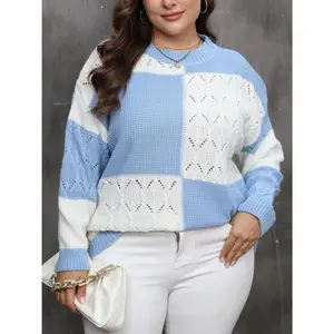 Plus Size Light Blue Openwork Color Block Long Sleeve Sweater