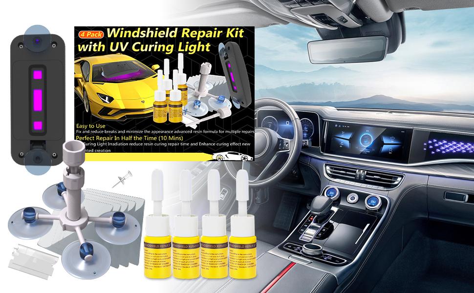 Windshield Repair Kit, Windshield Crack Repair Kit 4 Pcs, Windscreen Repair Kit with Enhanced Injection Head Suction Cup UV Curing Light, Windshield Chip Repair Kit for Bulls-Eye