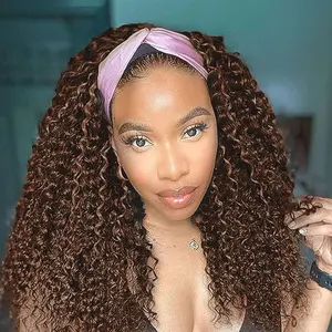 Curly Headband Wig Human Hair Deep Wave Chocolate Brown Headband Wigs for Black Women Glueless Wigs Human Hair Machine Made 150% Density Curly Headband Wig Human Hair with Headbands dealsforyoudays