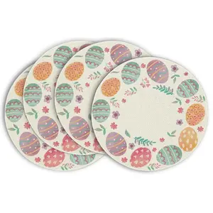 Easter Round Placemat Set (4 Pieces), 14 Inch Colorful Egg Pattern, Spring Floral Theme, Perfect for Easter Parties and Kitchen Dining Decor