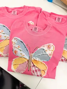 PREORDER: Faux Patchwork Butterfly Graphic Tee, Crunchberry
