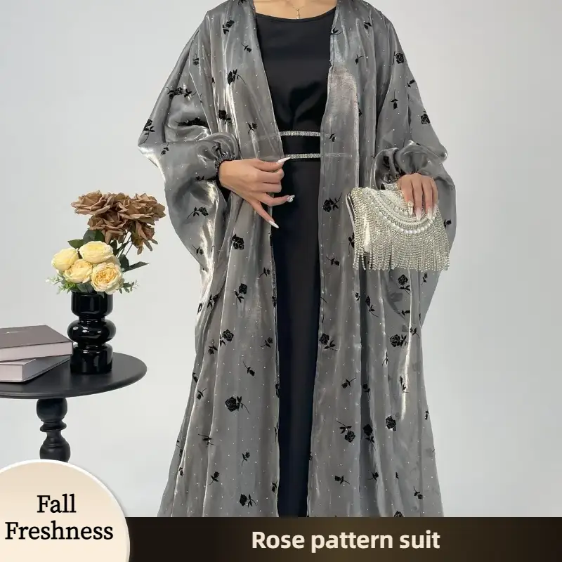 【FallFreshness】CL44 Organza Rose flower shiny abaya set, butterfly abaya with inner dress and crystal embellished belt,suitable for any occasions,Form