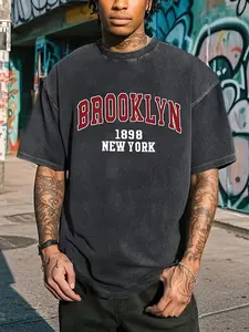 Men's Vintage Brooklyn 1898 New York Graphic T-Shirt - Heavyweight Washed Cotton, Loose Fit Round Neck Short Sleeve Tee, Breathable and Comfortable for Casual Streetwear, Everyday Tshirt | Vintage Streetwear | Comfortable Fit