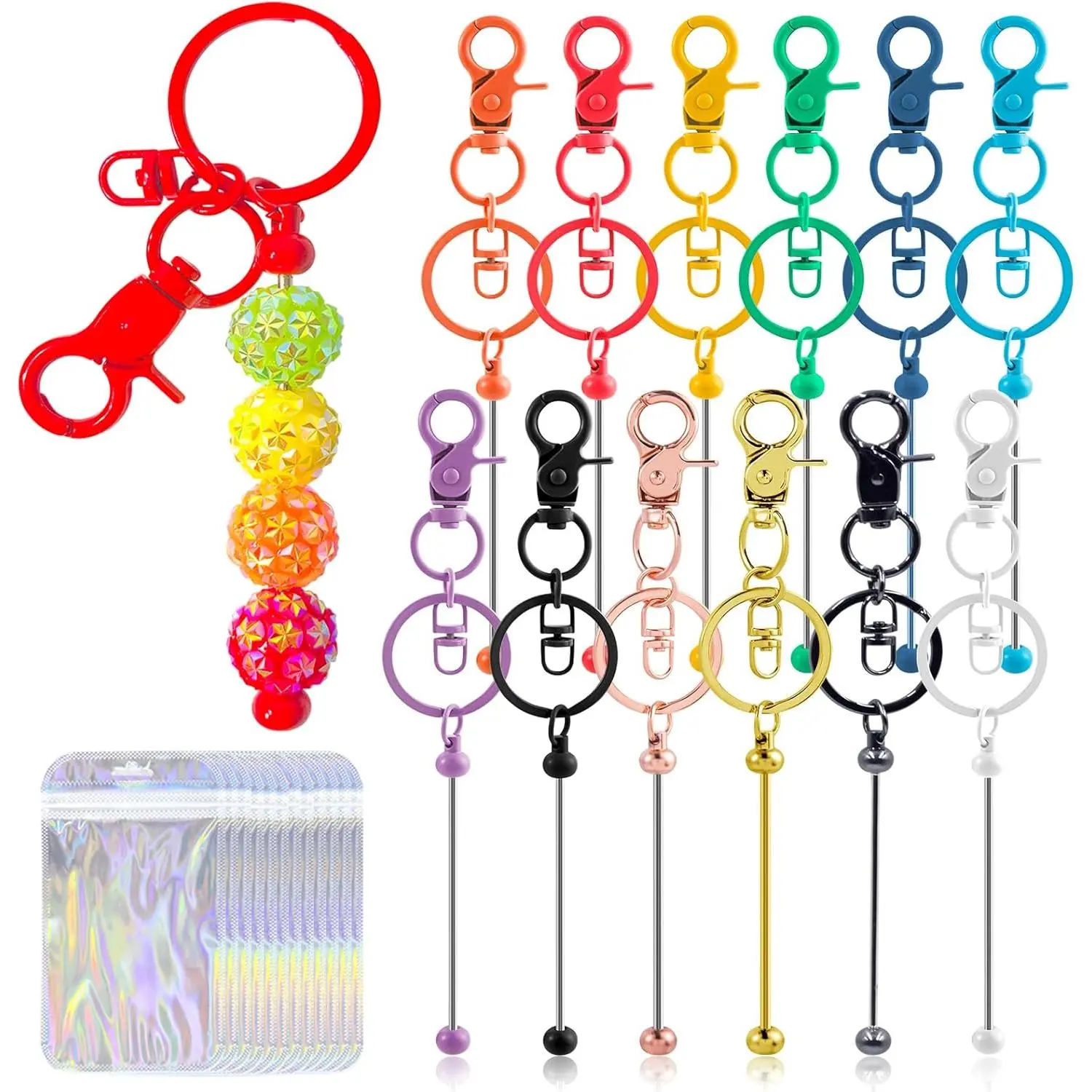 Unisex Multicolor Beading-Friendly DIY Beadable Keychains Bulk (24 Pcs) - 15.8cm Durable Rust-Proof Metal Bars, 12 Beading Kits, 12 Gift Bags, Customizable Blank Supplies for Christmas, Family, Clients