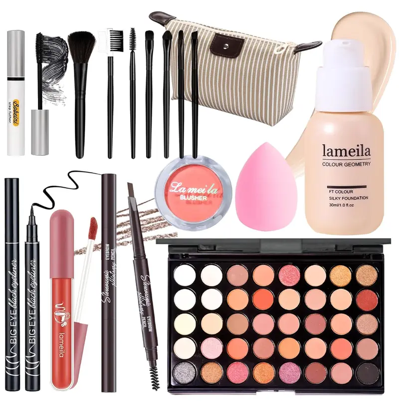 Makeup Set Full Kit for Girls Teens Women, Makeup Present Set, Includes Eyeshadow, Foundation, Blusher, Eyebrow Pencil, Mascara, Eyeliner, Brushes, Lip Gloss, Sponge, Cosmetic Bag