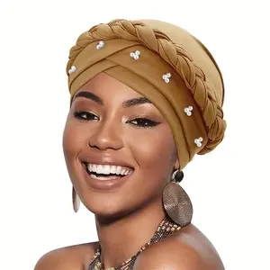 Elegant Black Braided Headwrap with Pearl & Rhinestone Accents - Lightweight Str