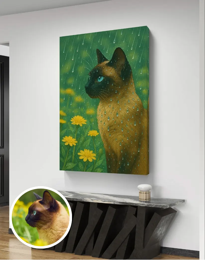 M-10162 Artistic Wall Decor Photo Ornaments for Room - Siamese Cat in Rainy Garden Canvas Print - Decorative Art for Home