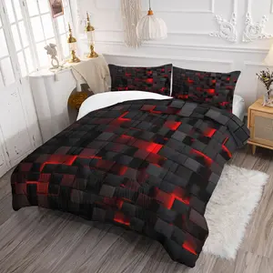 Techno 3D Cube Comforter Set - Soft Durable Bedding, cyberpunk aesthetics bedding sets, 1 Quilt + 1/2 Pillowcases, Red Glowing Cube Pattern, Cyberpunk Gaming Aesthetic for Bedrooms, Dorms & Guest Rooms